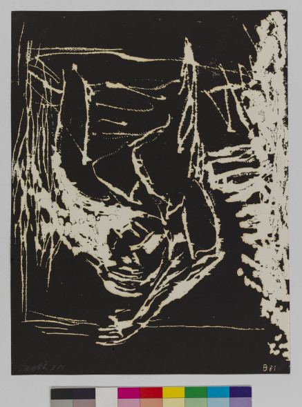 Georg Baselitz, Frau im Fenster, 1981, Xylographie; papier offset, 650 x 495 mm. © Musées d’art et d’histoire, Ville de Genève, Cabinet d'arts graphiques. Photo: André Longchamp