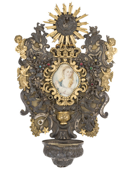 Acquasantiera in argento, rame dorato e miniatura, XVIII secolo, stima € 1.000 – 1.200
