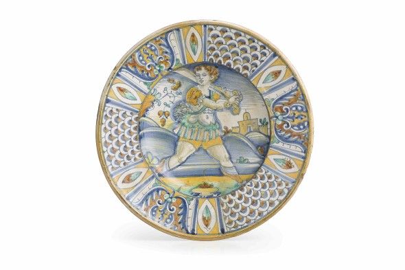 Piatto da parata in maiolica policroma, fornace di Deruta, circa 1530-1540, stima € 3.000 – 4.000