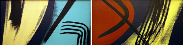 Hans Hartung, T1974-E28 T1974-E29, 1974, acrilico su tela, 50 x 220 cm, Collezione Fondazione Hartung-Bergman