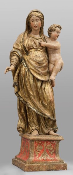 Lotto 99  Ambito di Jacopo Tatti, detto il Sansovino (Firenze I metà sec.XVI)  Madonna con Gesù Bambino   scultura in legno policromo e dorato  h.cm.100  stima: € 20.000/22.500