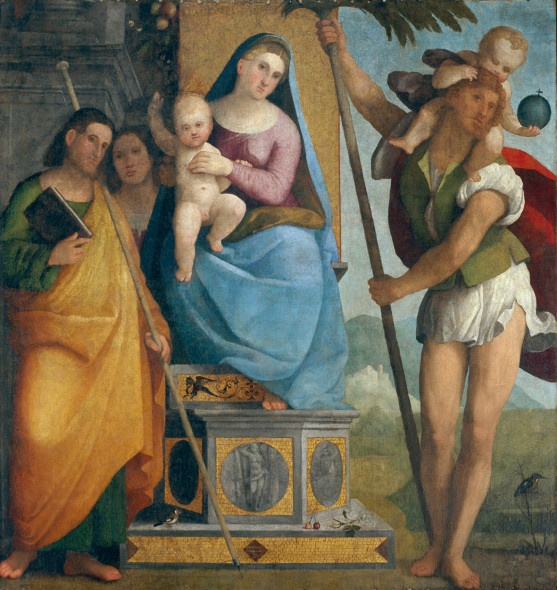 Marcello Fogolino Madonna in trono  col Bambino tra i Ss. Giacomo, Filippo e Cristoforo, olio su tela - ante  1523