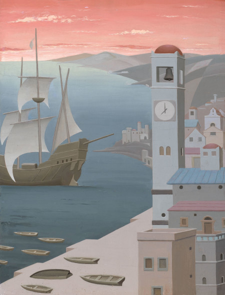 Edita Walterovna BROGLIO (Smiltene (Russia) 1886 - Roma 1977) Le quattro ore del Giorno: Alba, Mezzogiorno, Tramonto e Notte, 1956 Olio su tavola, cm. 64 x 49