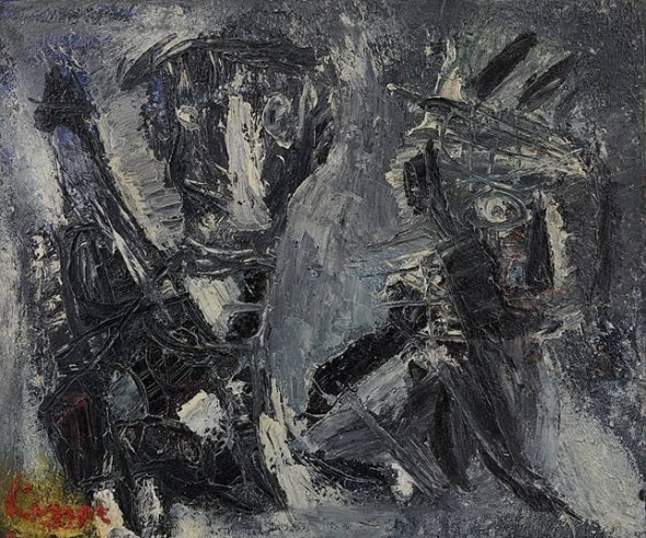 Lotto 300 PINOT GALLIZIO [Alba (CN) 12/11/1902 - Alba (CN) 13/11/1964]   Senza titolo, (1959) olio su tela 81x100 cm, firma in basso a sinistra, opera registrata presso l'Archivio Pinot Gallizio (TO) come da foto allegata.