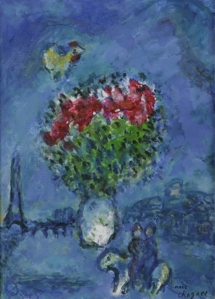 Marc Chagall 1887 - 1985 LA PROMENADE VERS PARIS stamped Marc Chagall (lower right); signed Marc Chagall and dated 1982 (on the reverse) oil & tempera on canvas laid down on cardboard 33 x 24 cm; 13 x 9 1/2 in. Painted in 1982. Estimate   250,000 — 300,000  EUR