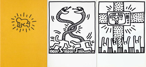 La copertina e alcune stampe del lotto 555 – KEITH HARING Keith Haring – Lucio Amelio, 1983 Litografie su carta, 47,5 x 34 cm Book completo di 30 tavole in b/n senza testo, con legatura editoriale in tela gialla e copertina illustrata al tratto con ‘Radiant Baby’ ripetuto in prima pagina Edizione realizzata da K. Haring in collaborazione con il gallerista Lucio Amelio nel 1983 Tiratura di 300 esemplari Amelio Editore, Napoli Stampa La Buona Stampa di Ercolano, Napoli €10.000/15.000