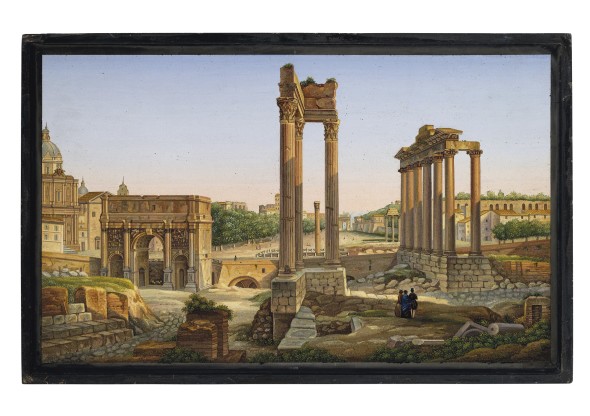 LOT 573 AN ITALIAN MICROMOSAIC PICTURE OF THE FORUM ROME, CIRCA 1860-1880 Depicting the Temple of Vespasian and Titus between the Arch of Septimius Severus and the Temple of Saturn 17æ x 28o in. (45.3 x 71.5 cm.) £30,000–50,000 $40,000–66,000 €34,000–56,000