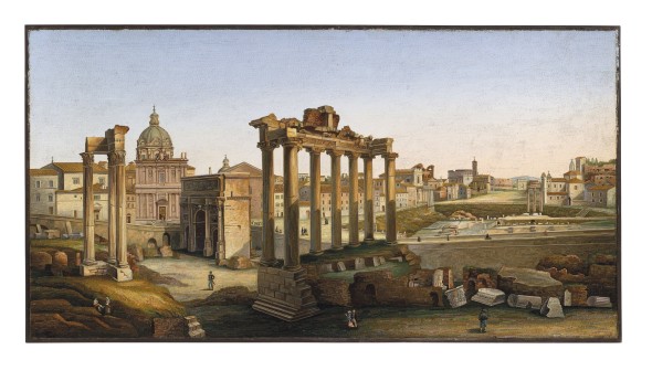 LOT 576 AN ITALIAN MICROMOSAIC PICTURE OF THE FORUM ROME, CIRCA 1860-1880 Depicting to the centre the Temple of Saturn, fanked by the Arch of Septimius Severus, the Temple of Vespasian and Titus and the church of Santi Luca e Martin in the background 32o x 60Ω in. (82 x 153.5 cm.) £150,000–250,000 $200,000–330,000 €170,000–280,000