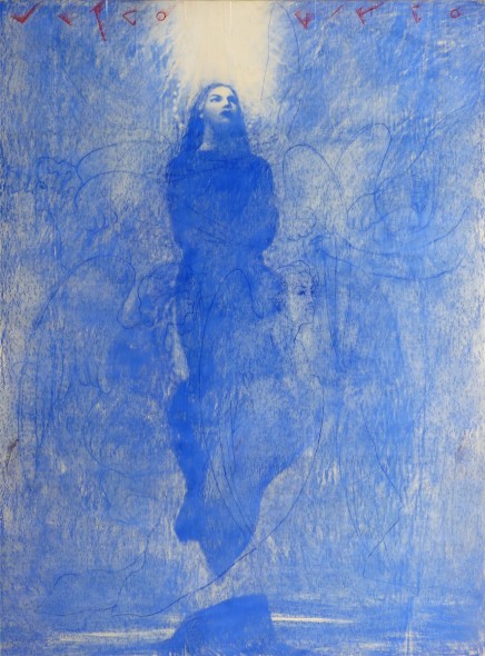 Omar Galliani, Assunta, 1998, pastello blu su tavola e pigmento rosso (cm 252x187)