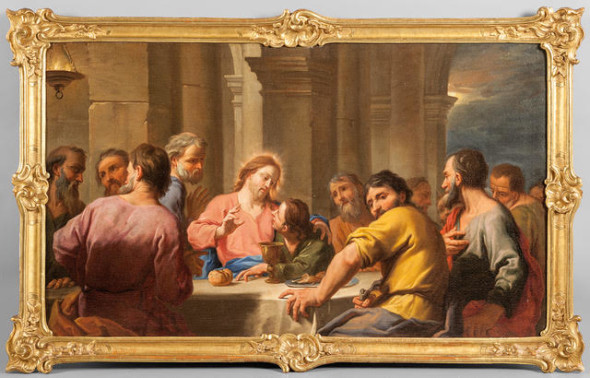 Lotto: 198  MOLINARI ANTONIO (1655-1704)  "L'Ultima Cena" olio, bella cornice in legno intagliato e dorato cm. 148x88 stima: 15000-16500 Eur