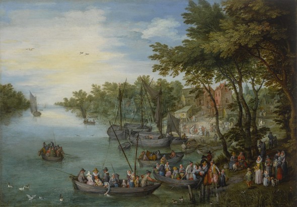 Old master Sotheby's Jan Brueghel the Elder, A Wooded River Landscape with a Landing Stage, Boats, Various Figures and a Village Beyond, 1614. Estimate $2,500,000–3,500,000.