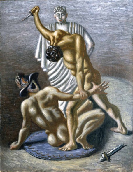Mostra Trieste - olio su tela raffigurante due gladiatori che lottano