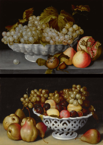 Old master Sotheby's Fede Galizia MILAN 1578 - 1630 A STILL LIFE OF A PORCELAIN BOWL OF GRAPES ON A STONE LEDGE WITH A MEDLAR, QUINCES, A POMEGRANATE AND A WASP; A STILL LIFE OF A PORCELAIN BASKET OF PLUMS AND GRAPES ON A STONE LEDGE WITH PEARS Quantity: 2 a pair, both oil on panel each: 10 3/4 by 15 1/4 in.; 27.3 by 38.7 cm.