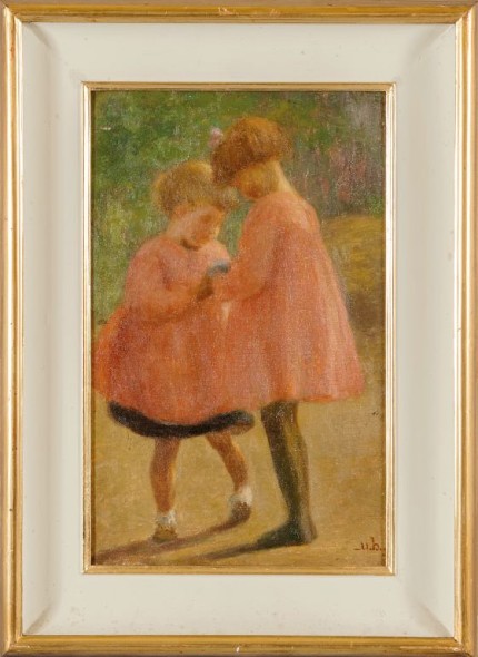 Lotto 34  UGO BERNASCONI (1874-1960)  Bambine con vestitino rosso olio cm.25,5x40 f.to in b. a ds. nel retro etichetta Galleria Milano stima: 1500-1700 Eur