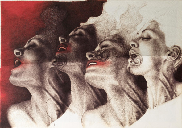 Adele Ceraudo Senza titolo, 2018 stampa fine art su tela con smalto e tulle, cm 105x150