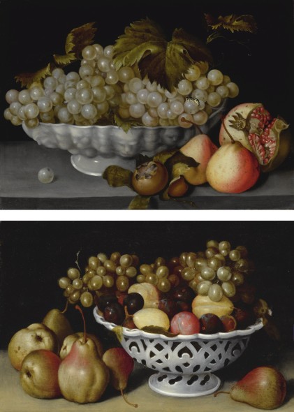 Fede Galizia A STILL LIFE OF A PORCELAIN BOWL OF GRAPES ON A STONE LEDGE WITH A MEDLAR, QUINCES, A POMEGRANATE AND A WASP; A STILL LIFE OF A PORCELAIN BASKET OF PLUMS AND GRAPES ON A STONE LEDGE WITH PEARS Estimate  2,000,000 — 3,000,000  USD  LOT SOLD. 2,055,000 USD