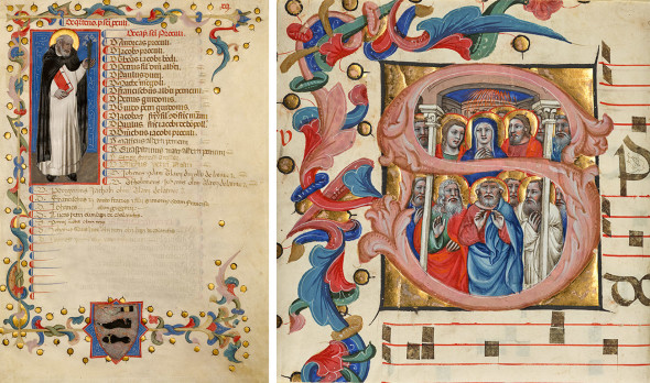 Two side by side medieval depictions of the beheading of Saint Paul. Left: Initial N: The Beheading of Saint Paul, about 1392–1402, Niccolò da Bologna, from the Gradual of Niccolò di Lazzara for Santo Spirito in Farneta (Lucca). Tempera colors and gold leaf on parchment, 14 x 12 in. The J. Paul Getty Museum, Ms. 115 (2017.122.2), leaf 2. Gift of Elizabeth J. Ferrell. Right: Initial S: The Beheading of Saint Paul and the Miracle of Plautilla’s Veil, about 1392–1402, Niccolò da Bologna, from the Gradual of Niccolò di Lazzara for Santo Spirito in Farneta (Lucca). Tempera colors and gold leaf on parchment, 14 x 12 in. The J. Paul Getty Museum, Ms. 115 (2017.122.3), leaf 3. Gift of Elizabeth J. Ferrell
