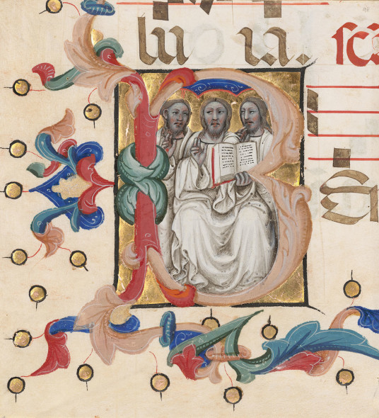 Initial B: The Trinity, about 1392-1402, Niccolò da Bologna, from the Gradual of Niccolò di Lazzara for Santo Spirito in Farneta (Lucca). Tempera colors and gold leaf on parchment, 14 x 12 in. The J. Paul Getty Museum, Ms. 115 (2017.122.1), leaf 1. Gift of Elizabeth J. Ferrell