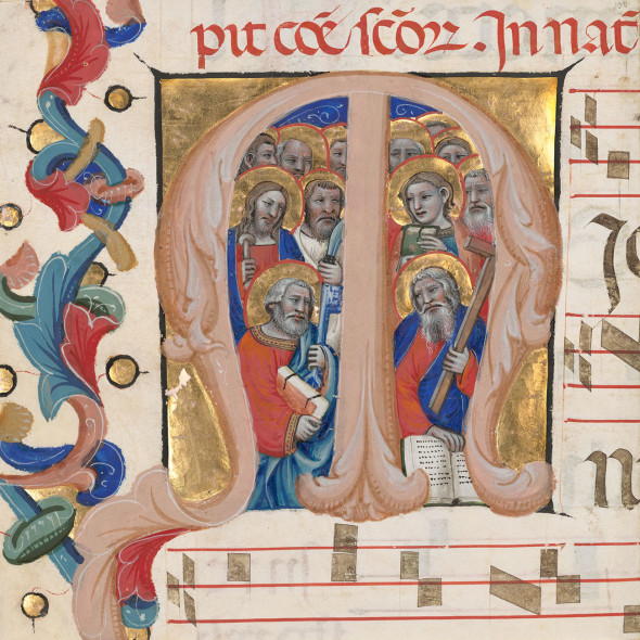 Initial M: The Apostles, about 1392–1402, Niccolò da Bologna, from the Gradual of Niccolò di Lazzara for Santo Spirito in Farneta (Lucca). Tempera colors and gold leaf on parchment, 14 x 12 in. The J. Paul Getty Museum, Ms. 115 (2017.122.6), leaf 6. Gift of Elizabeth J. Ferrell