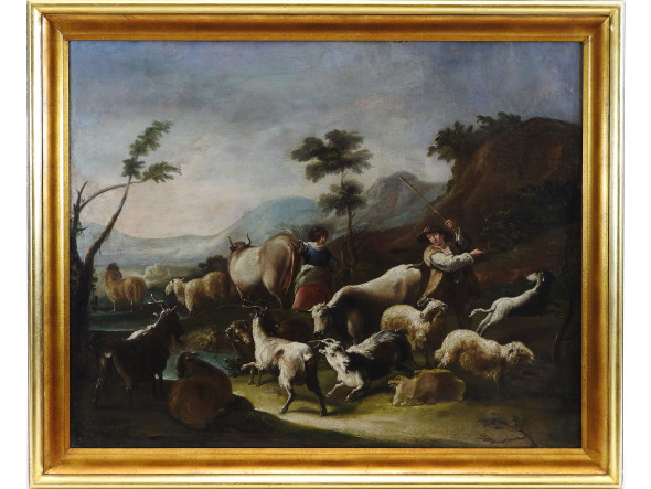 Philipp Peter Roos detto Rosa Da Tivoli (c.1655-1706) Paesaggio montano con pastori e armenti olio su tela, in cornice, lievissime cadute di colore cm 102x128 stimato € 4.000,00 / 6.000,00