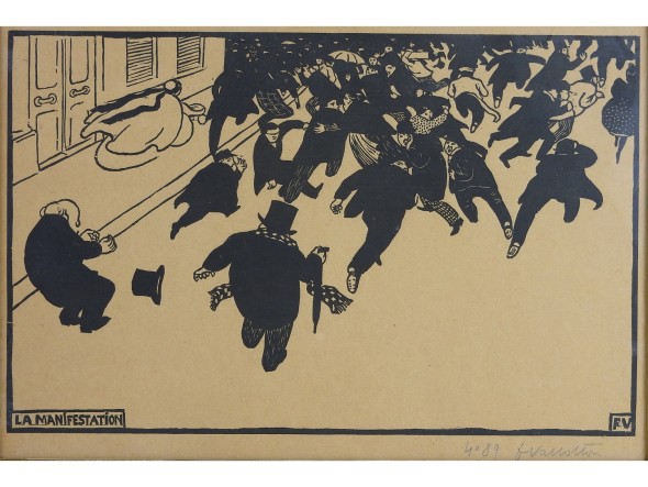 155 Fèlix Vallotton (1865-1925) La Manifestation 1893 xilografia, numerata e firmata: 4089 FVallot, in cornice, al verso il margine superiore è applicato ad altro supporto cartaceo con del nastro adesivo di carta, ingiallimento del foglio matrice cm 20,4x32,1, foglio cm 23,2x33,9 Bibliografia: Vallotton - Goerg 110 € 500/600 AGGIUDICATO PER € 3.000,00