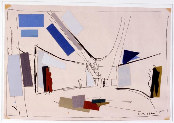 Luciano Baldessari , “IX Triennale di Milano”, 1951, china, tempera e collage con carte su carta, 29,5x19,6 cm, Casva, Milano