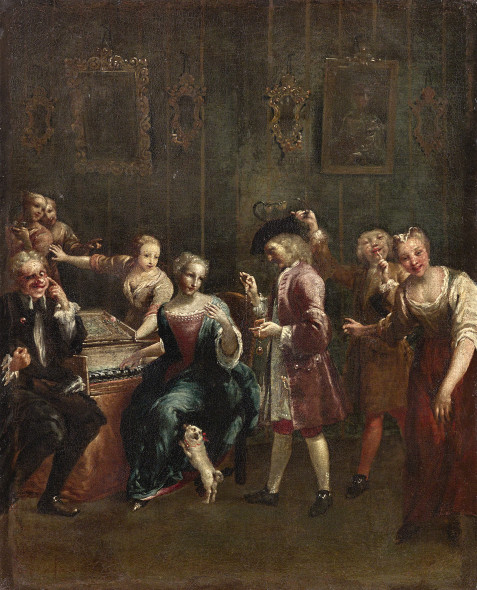 Giuseppe Maria Crespi (1665-1747), Cantante alla spinetta con ammiratori, olio su tela, 59 x 47 cm, stima € 100.000 - 150.000 Asta 24 aprile 2018