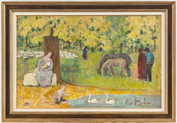 Albert Schmidt (1883-1970), Après-midi à la campagne, femme, enfants, cygnes et chevaux dans un paysage, huile sur carton, signée deux fois, 63x98 cm    Estimate CHF 10,000-15,000.- Sold CHF 50,000.