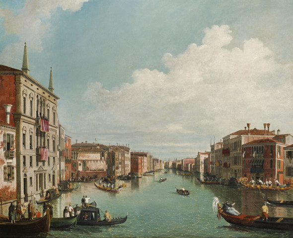 Venice, a view of the Grand Canal with a regatta, looking north-east from Palazzo Balbi to the Rialto Bridge  Venice, a view of the Molo with the Bucintoro on Ascension Day  A pair, both oil on canvas, 71.5 x 91.5cm    Provenance  European private collection