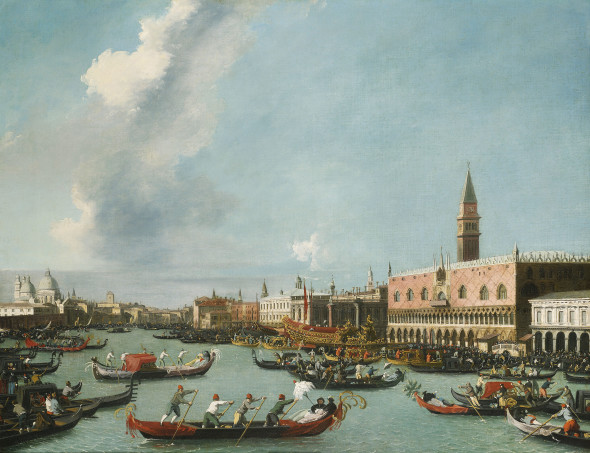 Venice, a view of the Grand Canal with a regatta, looking north-east from Palazzo Balbi to the Rialto Bridge  Venice, a view of the Molo with the Bucintoro on Ascension Day  A pair, both oil on canvas, 71.5 x 91.5cm    Provenance  European private collection