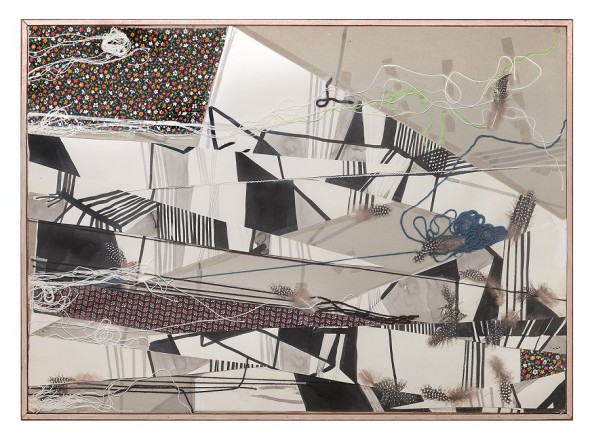 Maria Lai Paesaggio al vento 1976 collage di carta, stoffa, spago, filo, piume Milano, Collezione privata