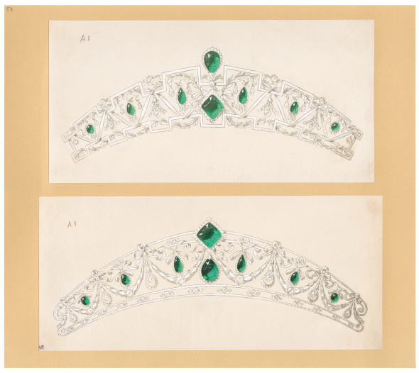 Joseph Chaumet (1852-1926), drawing workshop Two projects of tiaras around a bundle of emeralds Ca. 1910 Quill and black ink, white and coloured wash, wash drawing and soak on card © CHAUMET Collection