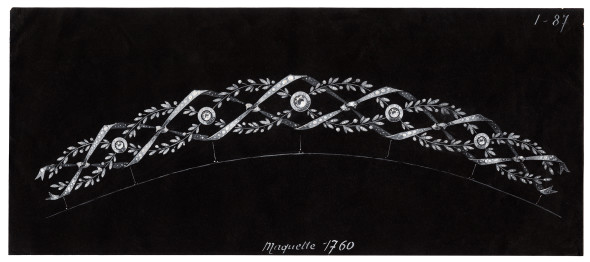 Joseph Chaumet (1852-1926), drawing workshop Study for a necklace that can be converted into a band tiara, Ca. 1905 15 x 33.9 cm Graphite pencil, white gouache, wash and highlights on black tinted card © Collection Chaumet