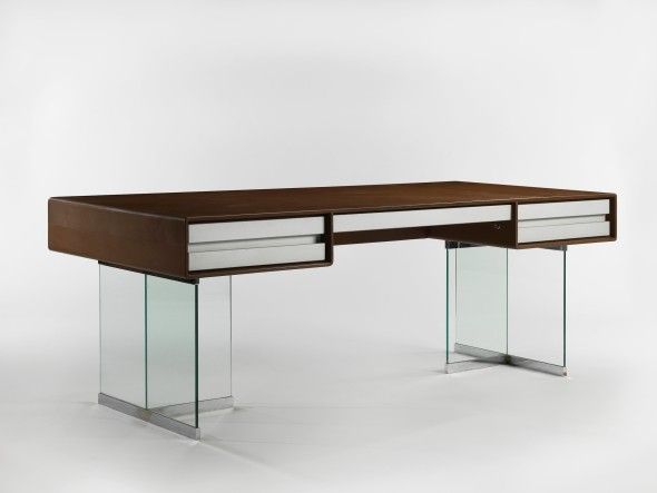 DESK JANINE ABRAHAM &AMP & DIRK JAN ROL Leather-wrapped wood, glass, chromed metal and aluminum 77 x 210 x 95 cm (30.3 x 82.7 x 37.4 in.) 1974 PROVENANCE Private commission, Paris LITERATURE Patrick Favardin, Abraham & Rol, Belgium, 2017, pp. 80 and 84 