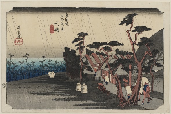 Visioni dal Giappone - Utagawa Hiroshige Ōiso. Pioggia delle lacrime di Tora [del ventottesimo giorno del quinto mese] 1833-34 circa 250 x 375 mm silografia policroma Museum of Fine Arts, Boston - William Sturgis Bigelow Collection
