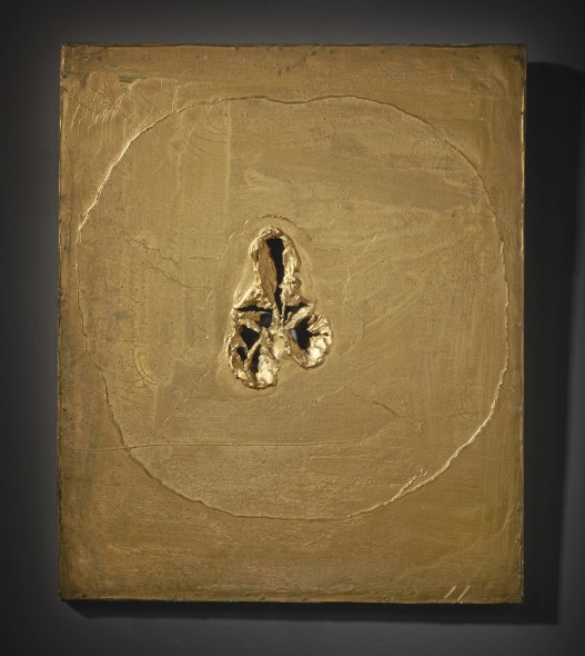 Lucio Fontana CONCETTO SPAZIALE SIGNED, OIL, HOLES AND GRAFFITI ON CANVAS, GOLD. EXECUTED IN 1963-64. THIS WORK IS REGISTERED IN THE FONDAZIONE LUCIO FONTANA, MILAN, UNDER N. 2313/1. Estimate 350,000 — 450,000 EUR LOT SOLD. 1,089,000 EUR