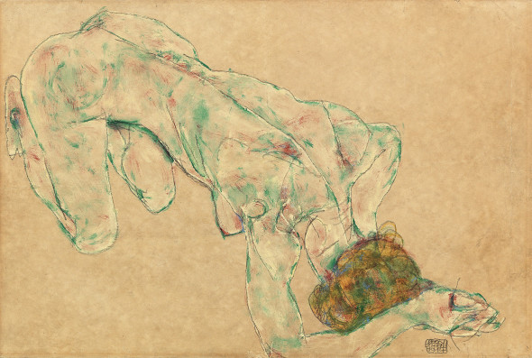 Egon Schiele, Donna nuda inginocchiata, 1914, matita su carta, 51,3 x 46,5 cm, colorato da altra mano, (avers), stima € 350.000 - 500.000 Asta 15 maggio 2018