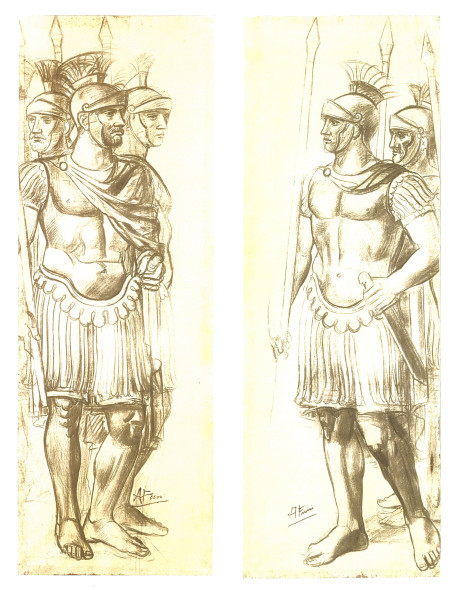 ACHILLE FUNI Soldati romani. Due cartoni preparatori per gli affreschi della Chiesa di San Giorgio in Palazzo a Milano, 1931 ca Tecnica mista su carta applicata su cartone, 125,5 x 81 cm ciascuno.
