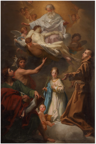 DOMENICO CORVI (Viterbo, 1721 - Roma, 1803) Santa Timotea tra i santi Francesco d'Assisi, Giovanni Battista e Giovanni Evangelista Olio su tela, 228x152 cm In prima tela € 60/80.000