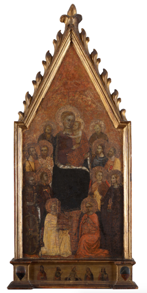 NICCOLÒ DI TOMMASO (documentato a Firenze, Napoli e Pistoia, notizie fra il 1346 e il 1376), attr. Madonna col Bambino in trono circondata da dieci santi e ai piedi due angeli musicanti inginocchiati. Tempera e oro su tavola, 72x32,5 cm. La predella presenta le figure di Cristo e quattro santi eseguite in epoca moderna. € 17/22.000