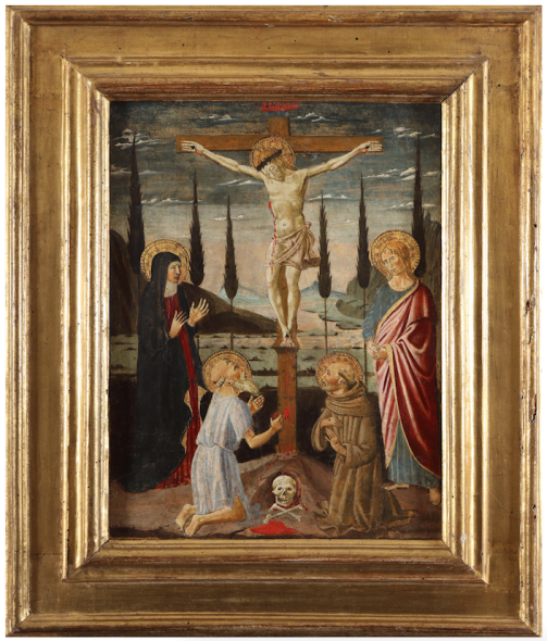 MAESTRO DI SAN MINIATO (attivo in Toscana nella seconda metà del XV secolo), attr. Cristo crocifisso fra la Vergine, San Giovanni Evangelista, San Gerolamo e San Francesco Tempera su tavola, 49x36 cm. Il dipinto è accompagnato da un’expertise del Prof. Giuliano Briganti. € 20/30.000