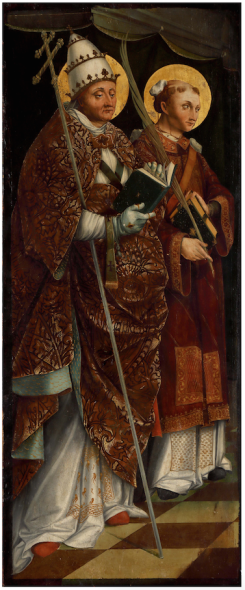 PIETRO GRAMMORSEO  (1490 ca. - Casale Monferrato, ante 1531)  Santi Gregorio Magno e Stefano protomartire Tempera grassa su tavola e aureole in lamina d'oro, 126x52 cm € 70/90.000