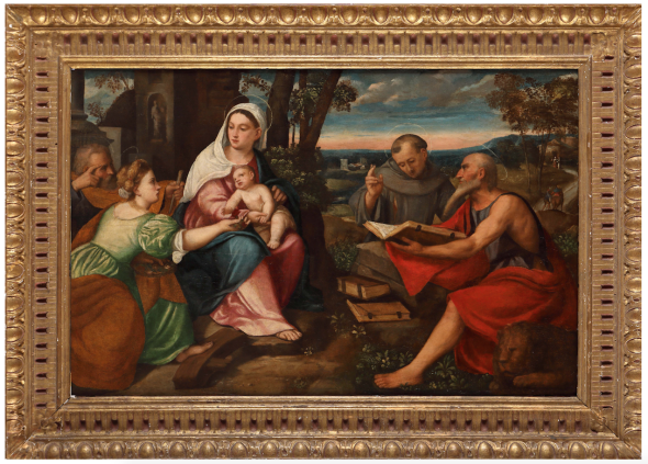 BONIFACIO DE’ PITATI detto BONIFACIO VERONESE (Verona, 1487 – Venezia, 1553) E AIUTI Sacra Famiglia con i Santi Gerolamo, Antonio da Padova e Caterina d’Alessandria Olio su tavola, 75x120 cm € 40/60.000