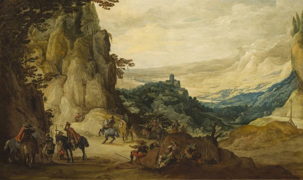 608 JOOS DE MOMPER (Anversa, 1564 - 1635) Paesaggio con castelli, soldati e cavalieri a riposo Olio su tela, cm 110X165 Stima € 10.000 - 15.000
