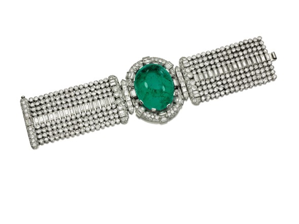 Lot 320 From the collection of the Marchioness of Londonderry, Mount Stewart Impressive emerald and diamond bracelet, 1930s Estimate: CHF 340,000 – 475,000 / US$ 355,000 – 495, 000