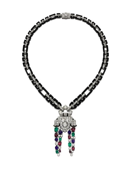 Lot 324 Cartier Fine gem set, onyx and diamond necklace, 1930s and later Estimate: CHF 200,000 – 385,000 / US$ 200,000 – 400, 000