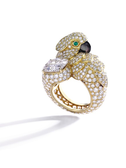 Lot 337 Cartier Very light pink diamond, gem set and diamond ring, “Parrot” Estimate: CHF 200,000 – 385,000 / US$ 200,000 – 400, 000   Copyright in this image shall remain vested in Sotheby’s. Please note that this image may depict subject matter which is itself protected by separate copyright. Sotheby’s makes no representations as to whether the underlying subject matter is subject to its own copyright, or as to who might hold such copyright. It is the borrower's responsibility to obtain any relevant permissions from the holder(s) of any applicable copyright and Sotheby’s supplies this image expressly subject to this responsibility. Note that the image is provided for a one-time use only and no permission is granted to alter this image in any way.