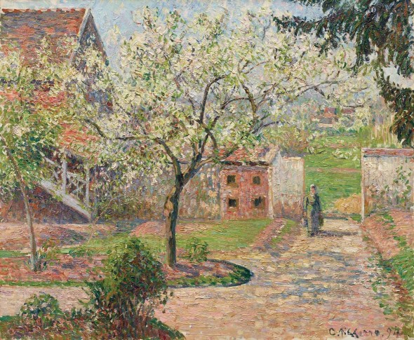 Camille Pissarro: Alberi di prugne in fiore, Éragny. (La casa dell'artista), 1894, Olio su tela, 60x73 cm. Ordrupgaard, Copenhagen. Fotografo Anders Sune Berg