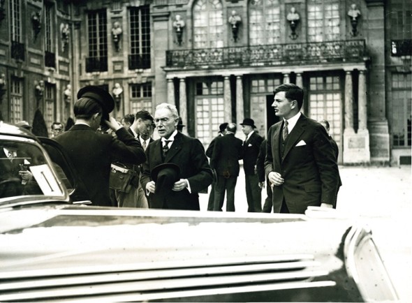 John D Rockefeller, Jr. funded historic restoration of many war-torn sites in France, and attended special ceremonies at the Palace of Versailles with son David in 1936. Photo: The New York Times