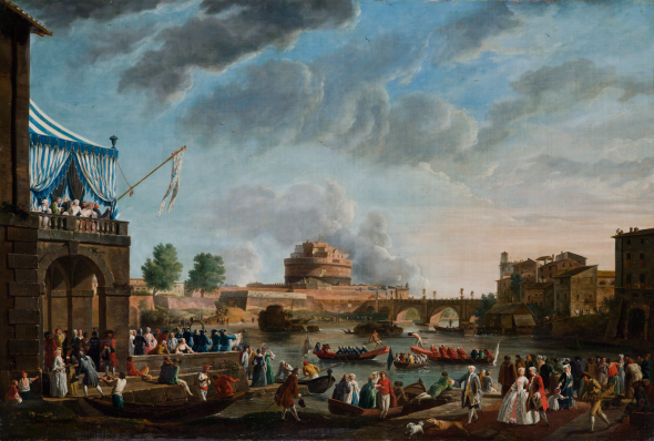 CLAUDE-JOSEPH VERNET (Avignon 1714 - 1789 Paris)  A sporting contest on the Tiber river Oil on canvas, 93 cm x 137 cm Signed on the lower left side Joseph Vernet Rome 1750  EXPERTISE G. Sestieri, 28 February 2017CLAUDE-JOSEPH VERNET (Avignon 1714 - 1789 Paris)  A sporting contest on the Tiber river Oil on canvas, 93 cm x 137 cm Signed on the lower left side Joseph Vernet Rome 1750  EXPERTISE G. Sestieri, 28 February 2017